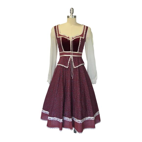 Gunne Sax Peplum Midi Dress Size 9 Burgundy Floral Calico Velvet Corset 70s VTG - Picture 2 of 10